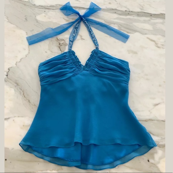 BCBG BLUE EMBELLISHED SILK HALTER TOP SIZE SMALL - Picture 7 of 13